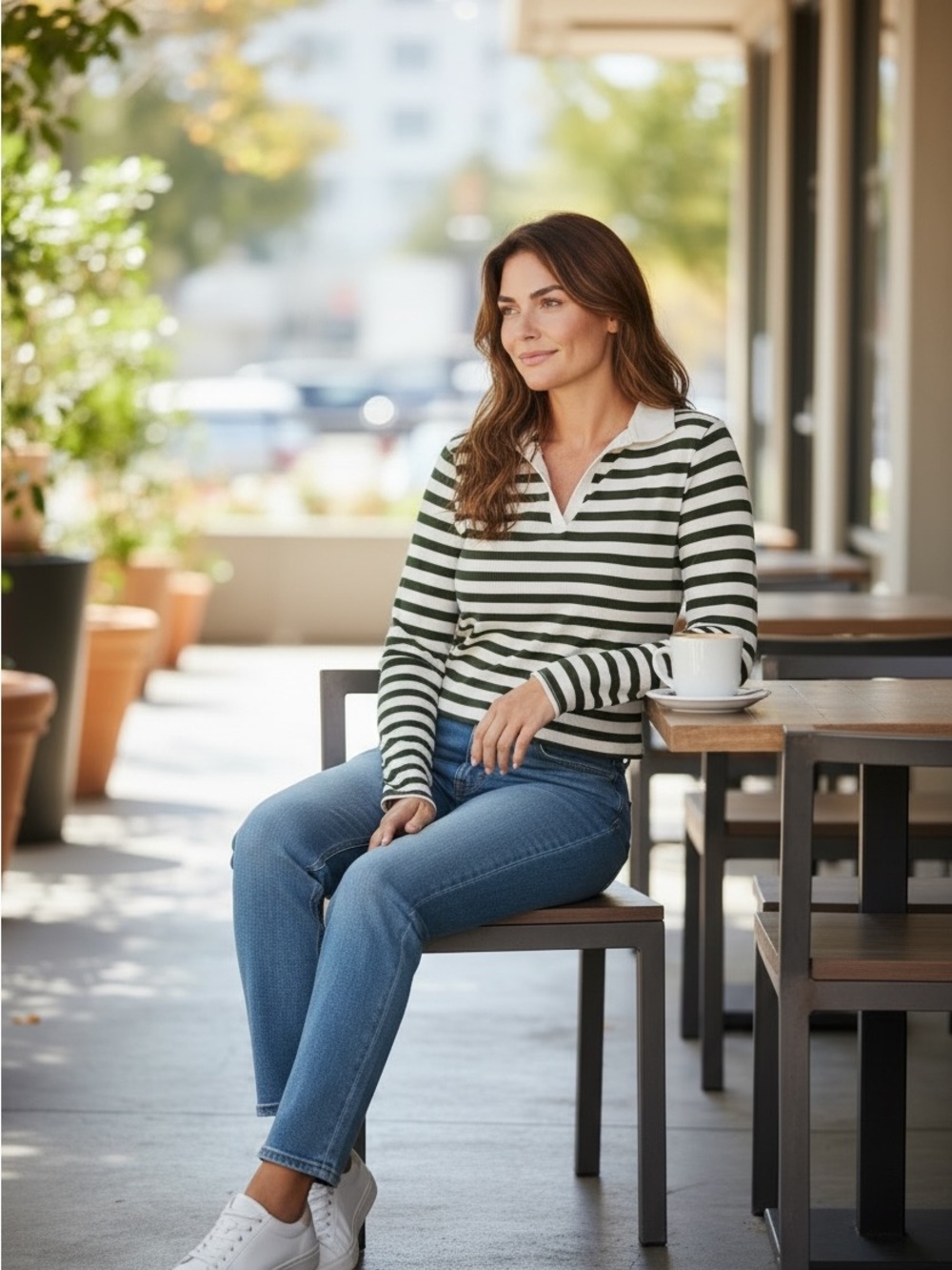 NWT No Boundaries Ribbed Johnny Collar Top Olive White Stripe XL 16-18
